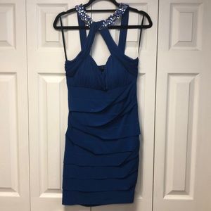 Royal Blue Bodycon Dress with crystal neckline